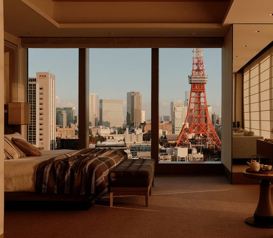 A view of the city skyline from a room in the Janu Tokyo luxury hotel