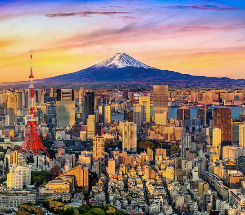 Aerial image of Tokyo with Mt. Fuji in the background at sunset