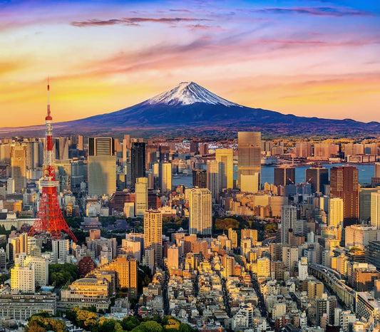 Aerial image of Tokyo with Mt. Fuji in the background at sunset